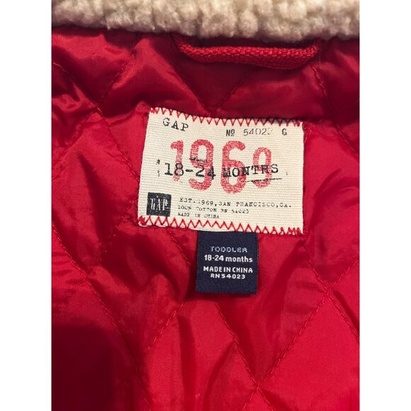 Gap Toddler Moto Club Denim Jacket Sherpa Collar Red Quilted Lining 18-24 Months - Picture 4 of 10